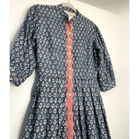 Daydress 100% Cotton Handwoven Blue Floral Button Midi Dress Medium Cottagecore - Picture 13 of 16